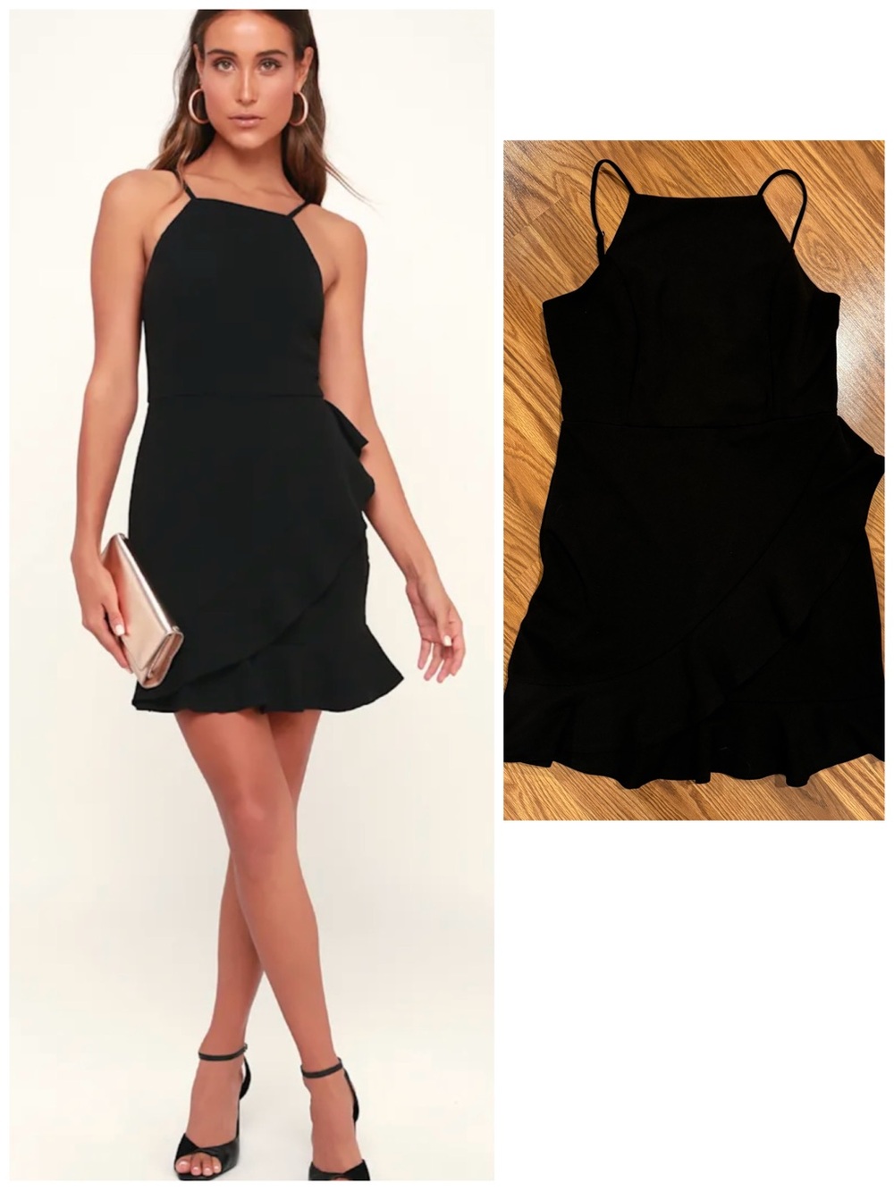 Strappy Black Halter Ruffle Wrap-Front Mini Dress, Lulu’s Large